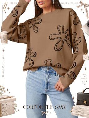 Women Floral Print Cable Knit Pullover Sweater Long Sleeve Crewneck Loose Fit